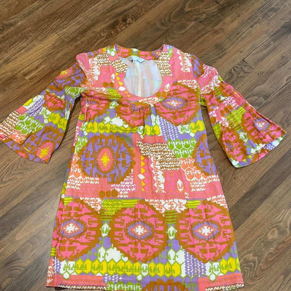 Trina Turk Pink Multi-Color Patterned Bell Sleeve Dress